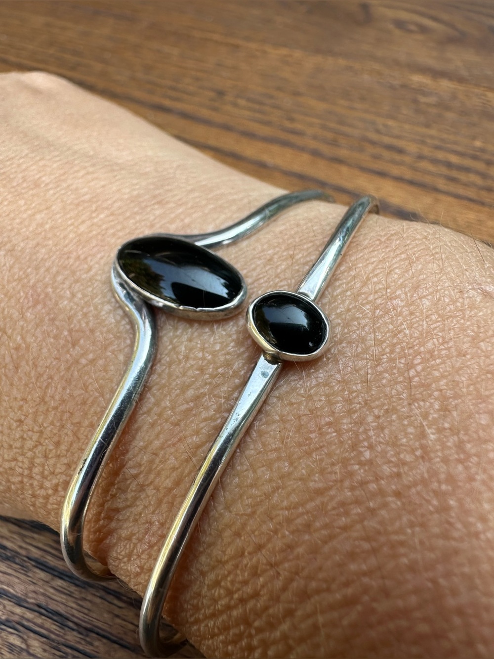 Sterling Silver Handmade Set of Bangle Bracelet with Black Onyx Cabochons
